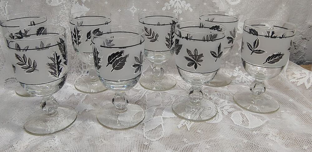 Vintage Libbey Frosted Silver Leaf Wine Glasses Set Of 8 Decorative Barware